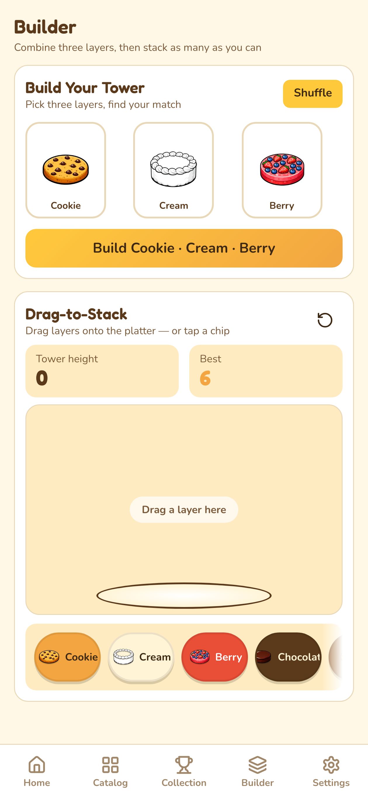 Builder tab — Build Your Tower combiner and drag-to-stack canvas